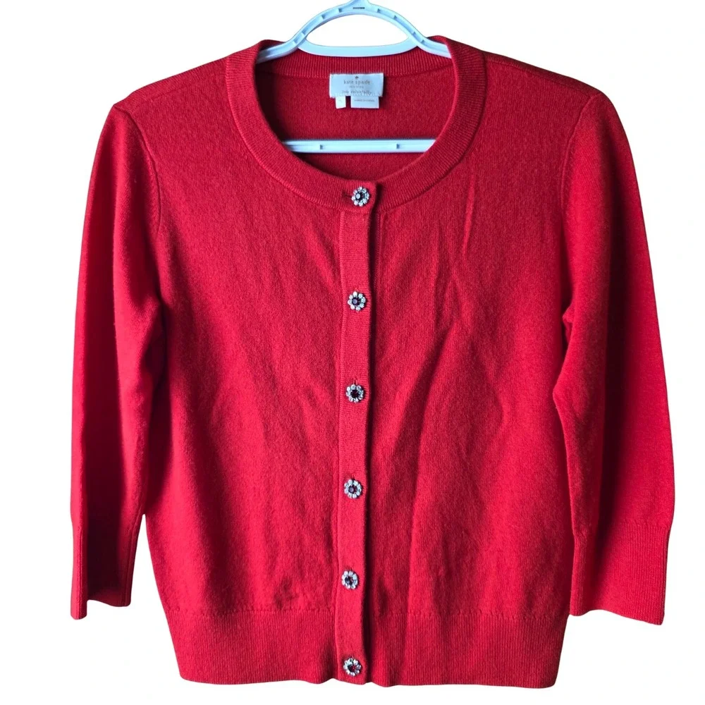 Kate Spade Love Colorfully S Red Wool Cashmere Cardigan Jeweled Buttons Cropped